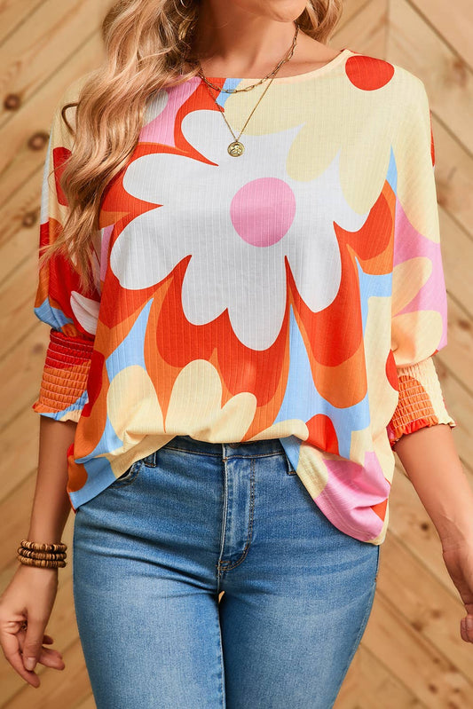 Women Big flower Print 3/4 Sleeve Top