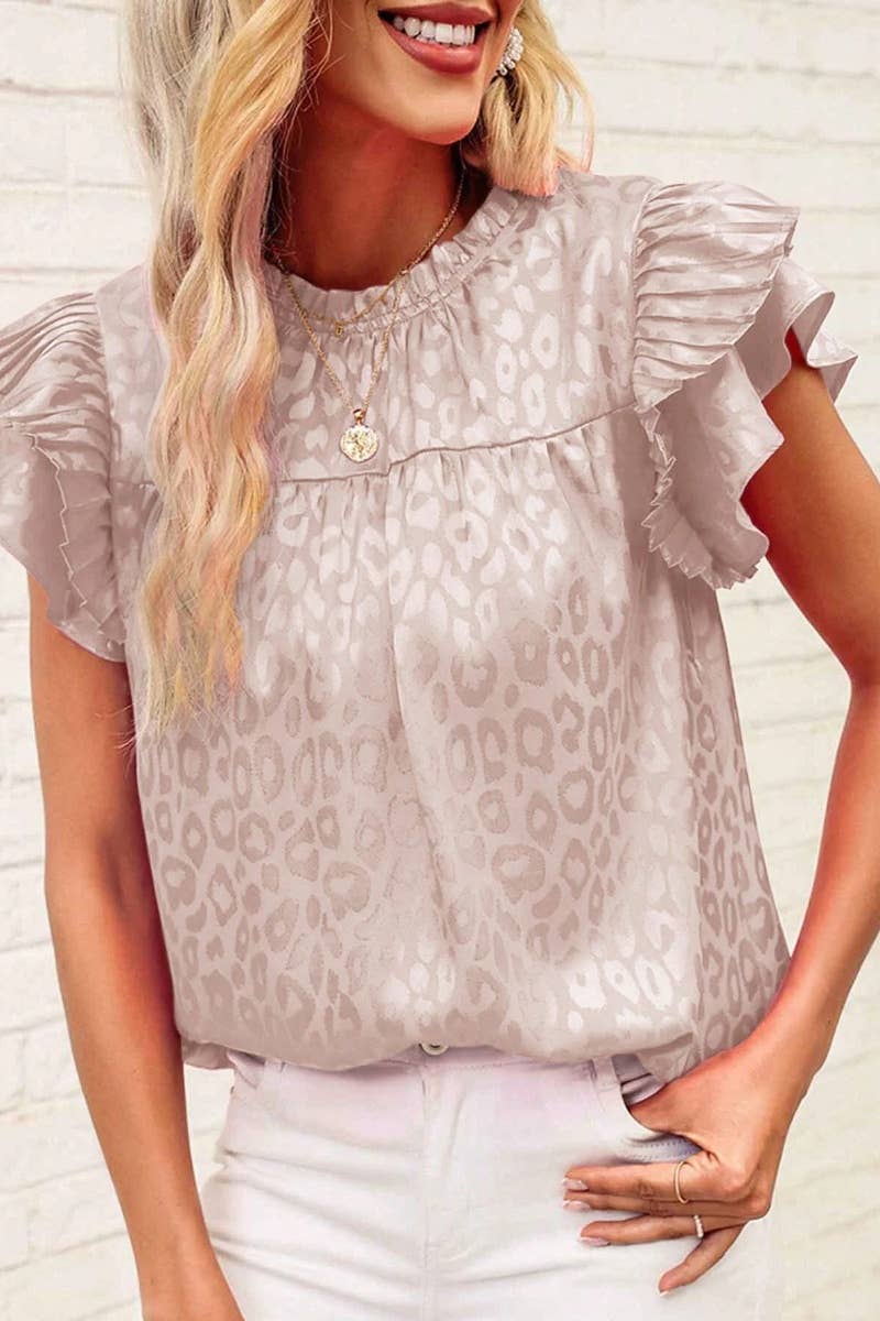 Printed Lotus Short Sleeve Top with Wavy Sleeves