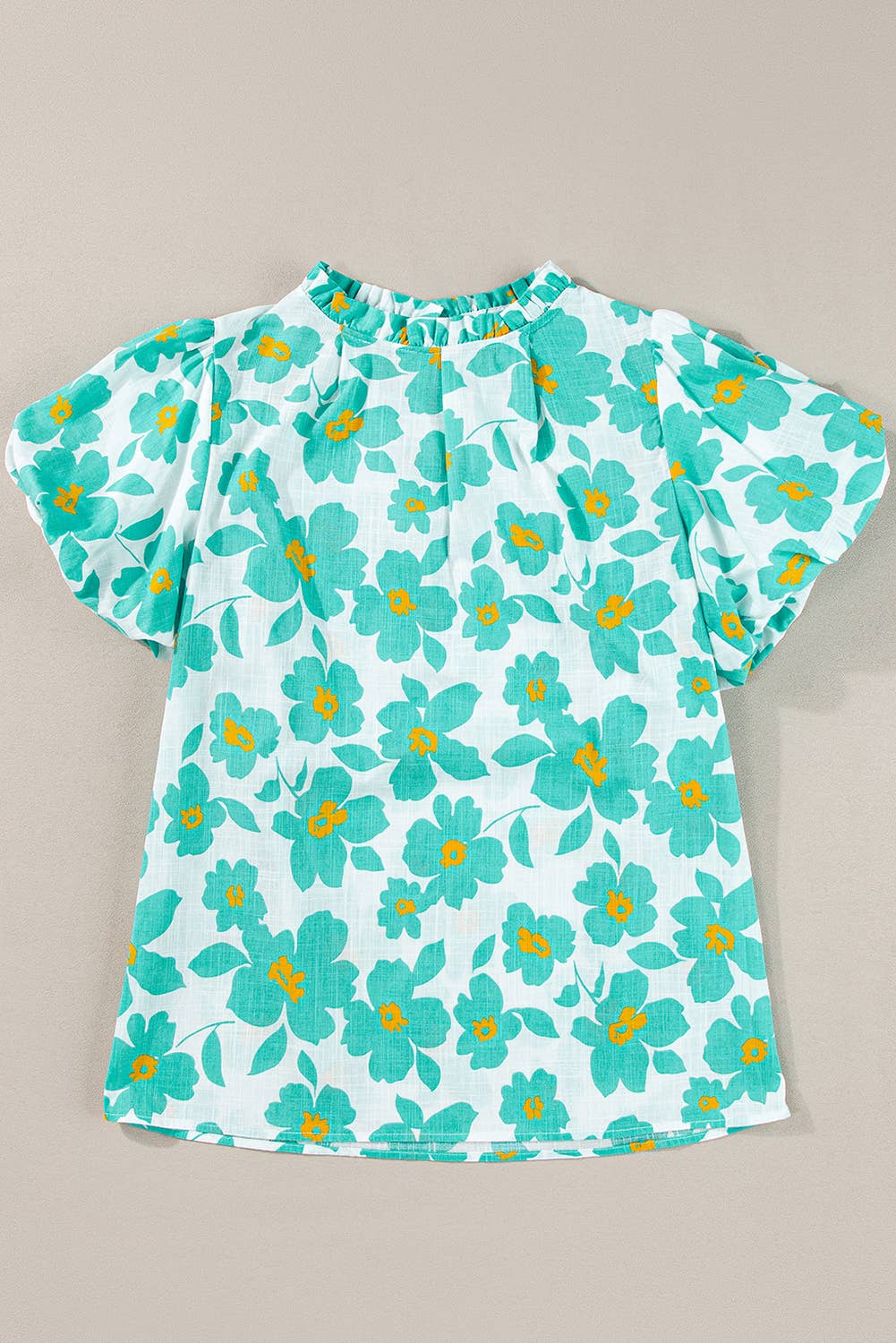 Floral Puff Sleeve Frilled Neckline Short Sleeve Top