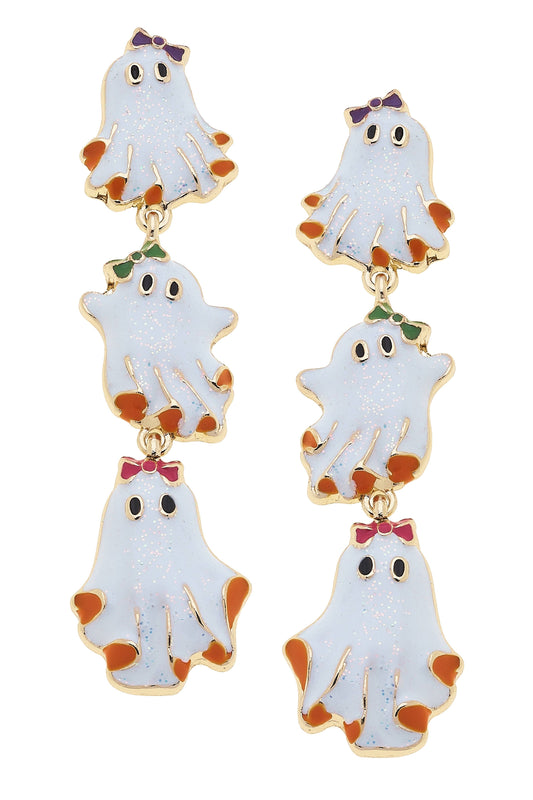 Halloween Linked Enamel Ghost Earrings in White