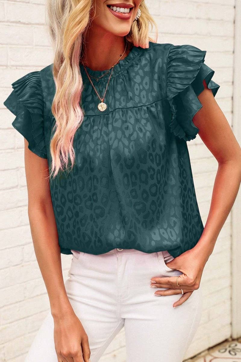 Printed Lotus Short Sleeve Top with Wavy Sleeves