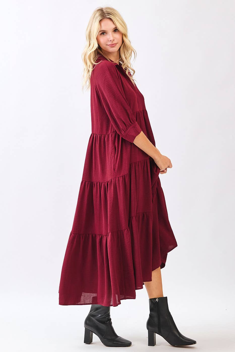 AIRFLOW COLLAR BUTTON FRONT TIERED MAXI DRESS
