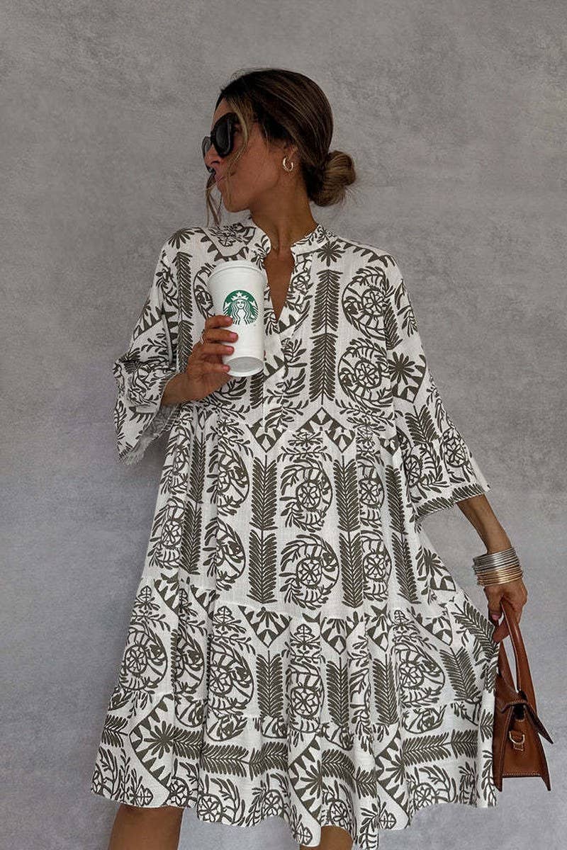 CASUAL PRINTED THREE-QUARTER SLEEVE SHIRT DRESS
