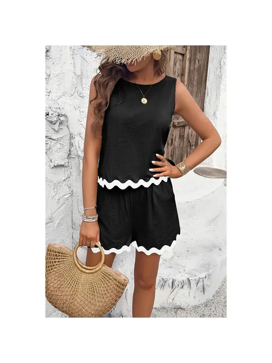 Ric Rac Two Pieces Printed Sleeveless Pockets Shorts Sets