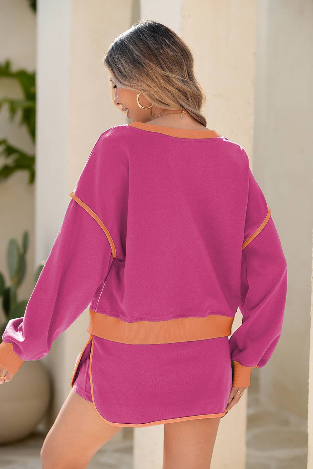 Color Contrast Loose Pullover and Lace-up Skirt Set