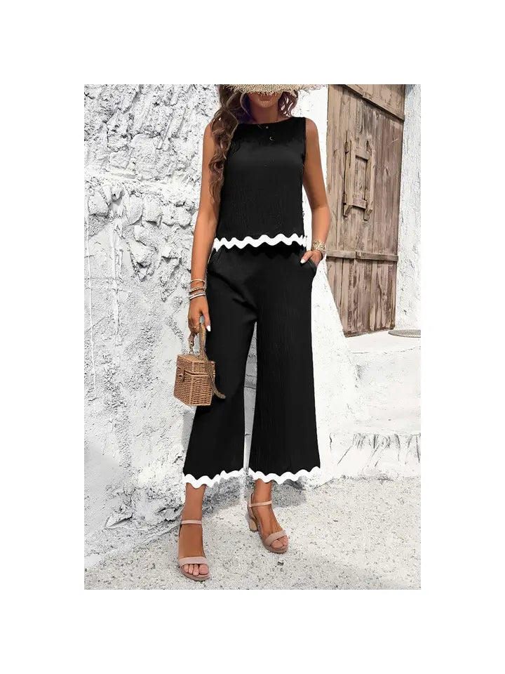 Ric Rac Two Pieces Printed Sleeveless Pockets Pant Sets