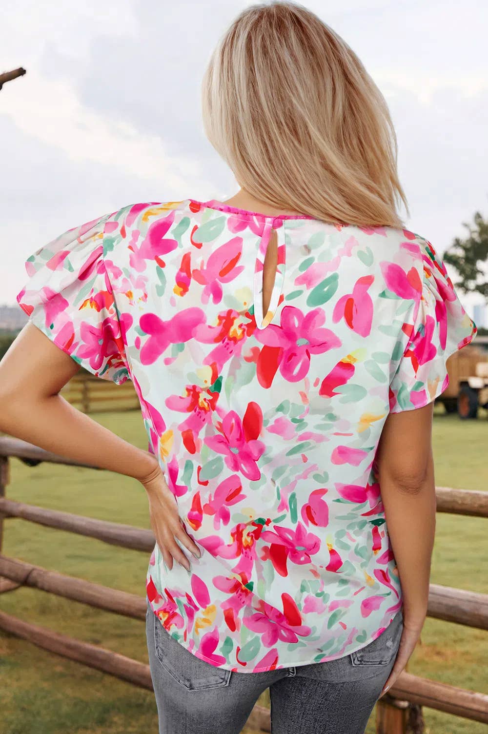 Floral Flutter Sleeve Round Neck Casual Top