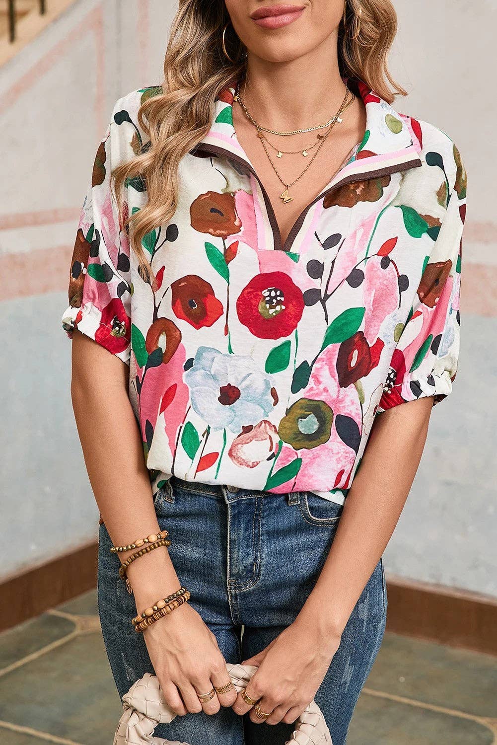 Floral V-Neck Short Sleeve Summer Blouse