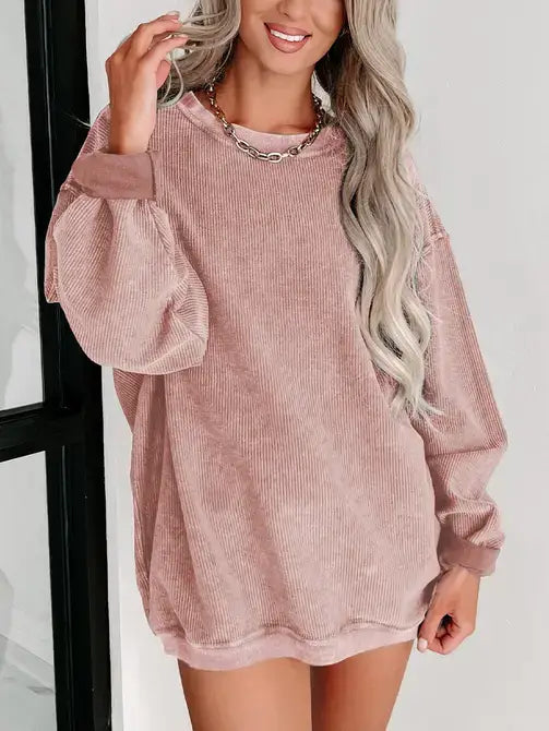 Pink Ribbed Knit Round Neck Pullover Sweatshirt-Long Sleeve