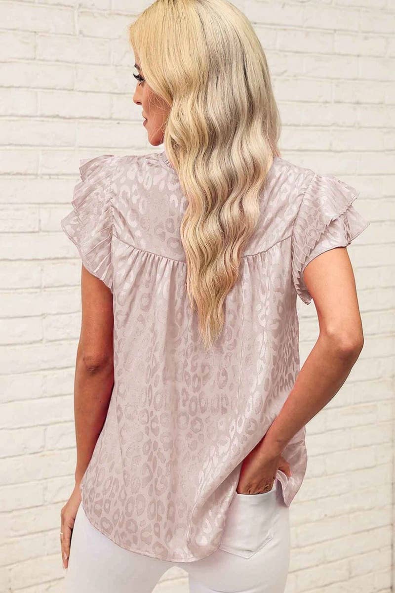 Printed Lotus Short Sleeve Top with Wavy Sleeves