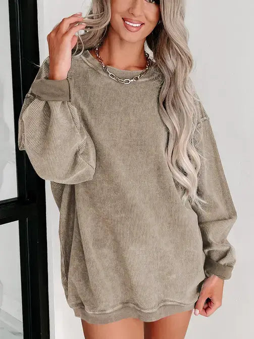 Pink Ribbed Knit Round Neck Pullover Sweatshirt-Long Sleeve
