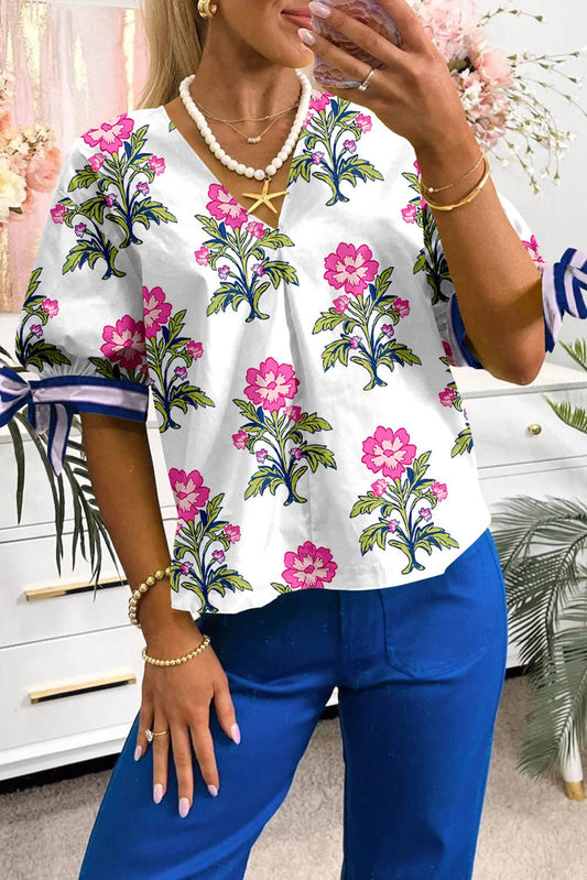 Floral Colorblock V-Neck Summer Short Sleeve Top