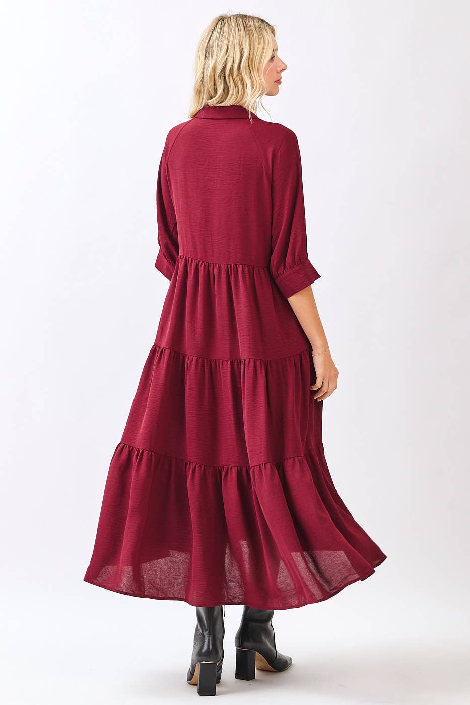 AIRFLOW COLLAR BUTTON FRONT TIERED MAXI DRESS