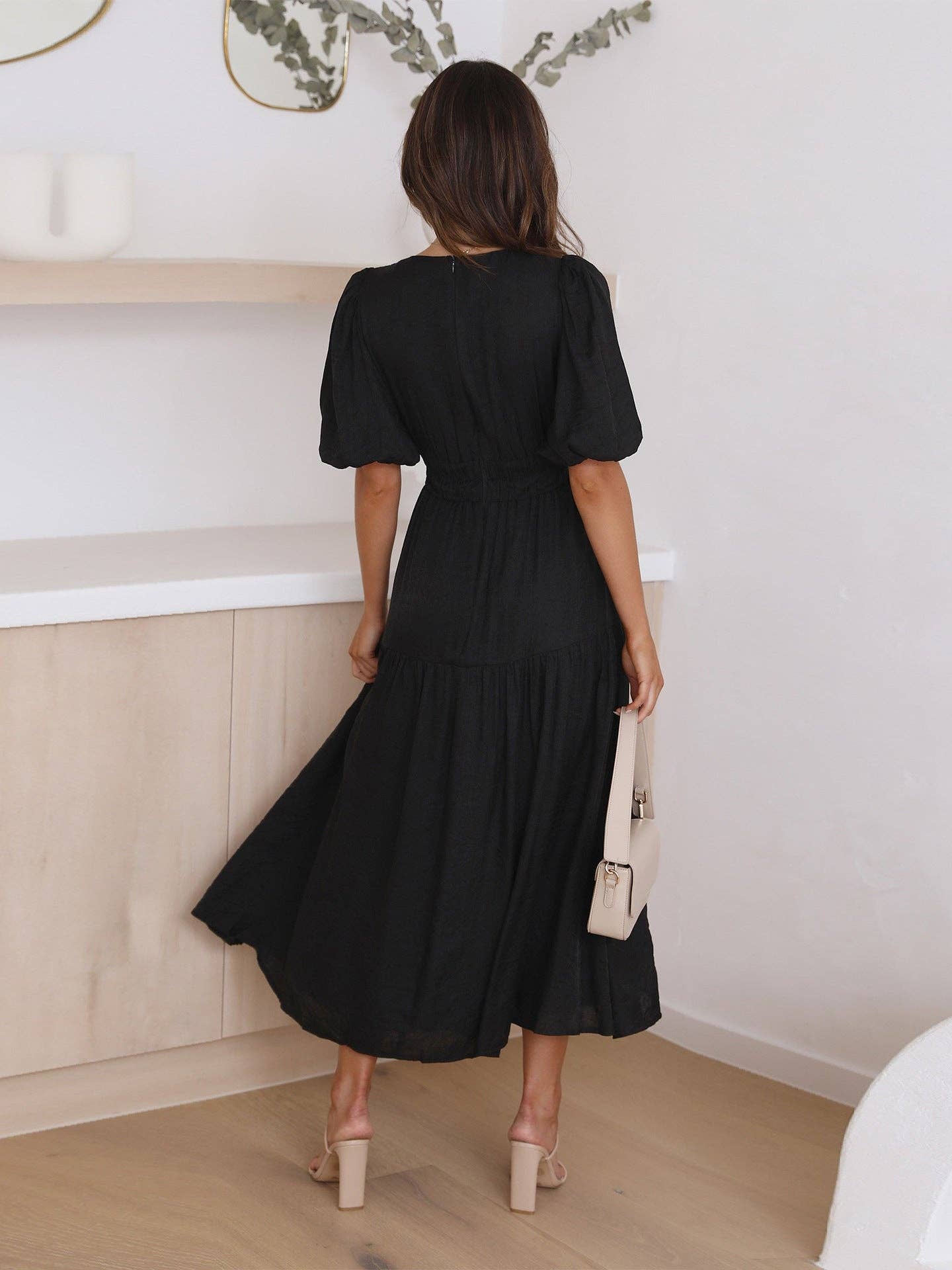 Ladies Bubble Sleeves V-Neck Midi Dress