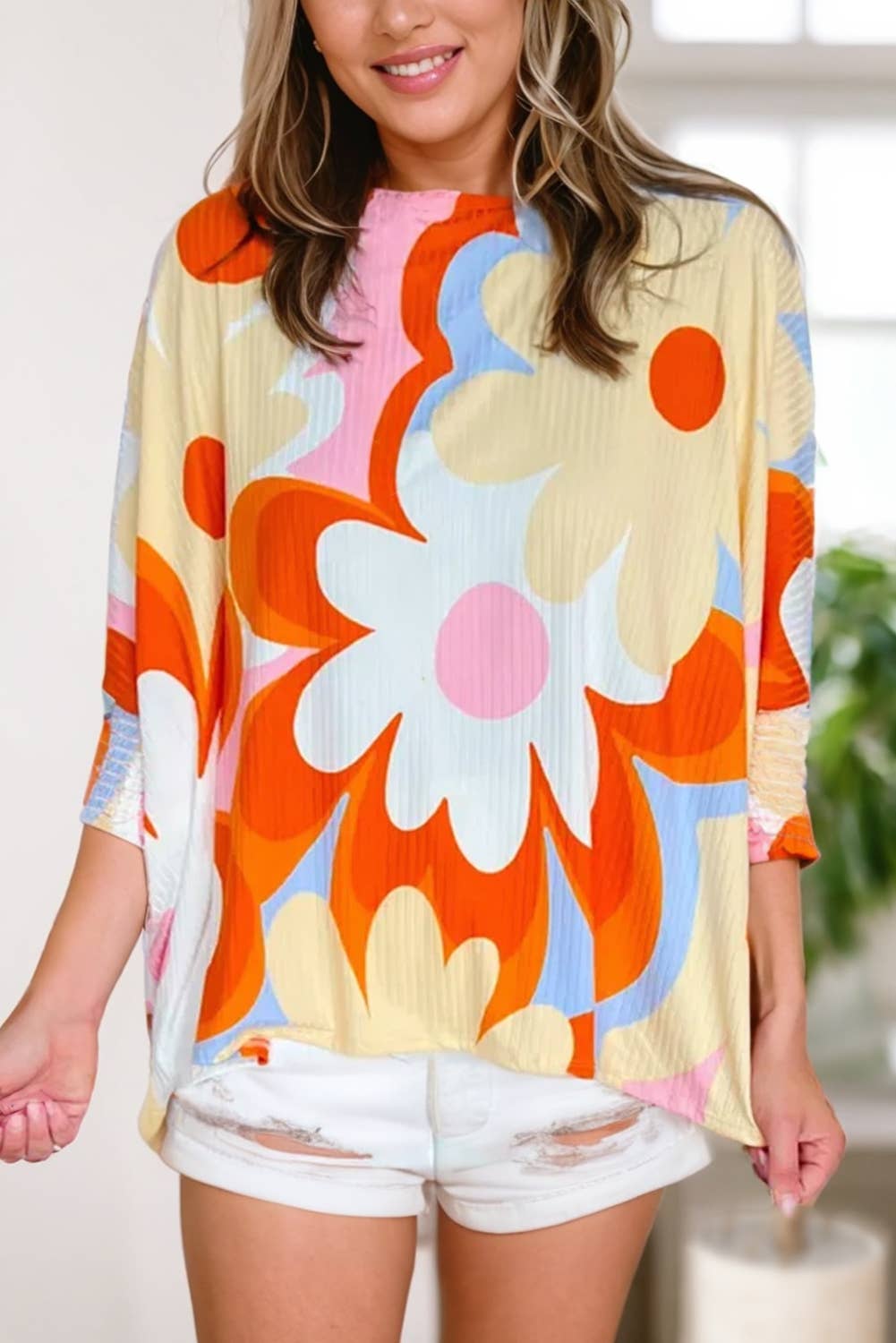Women Big flower Print 3/4 Sleeve Top
