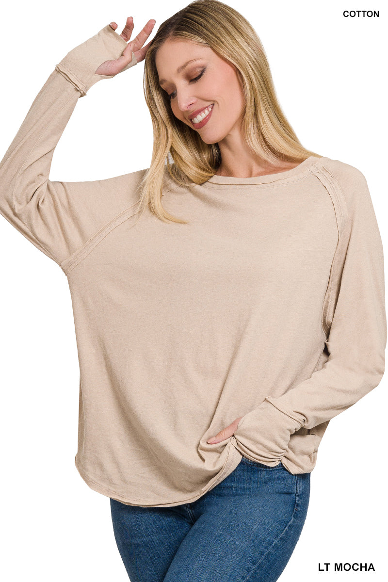 ZENANA LONG SLEEVE COTTON RAGLAN SLEEVE THUMBHOLE TOP