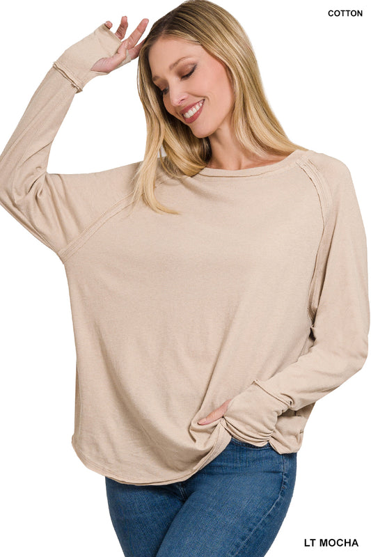 ZENANA LONG SLEEVE COTTON RAGLAN SLEEVE THUMBHOLE TOP