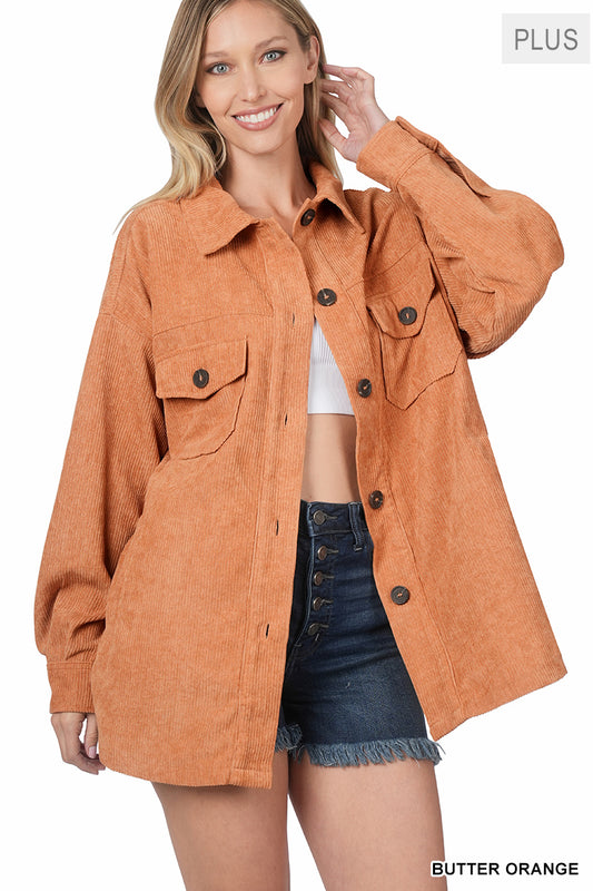 ZENANA PLUS OVERSIZED CORDUROY BUTTON FRONT SHACKET