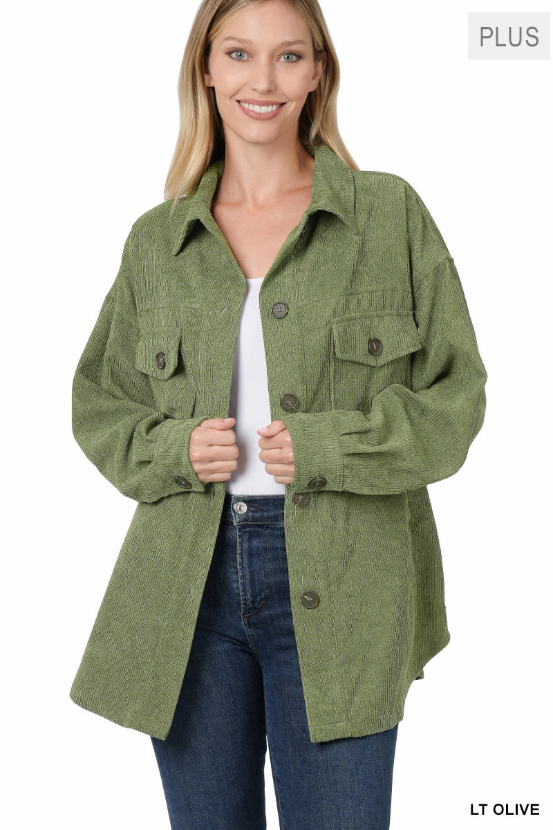 ZENANA PLUS OVERSIZED CORDUROY BUTTON FRONT SHACKET