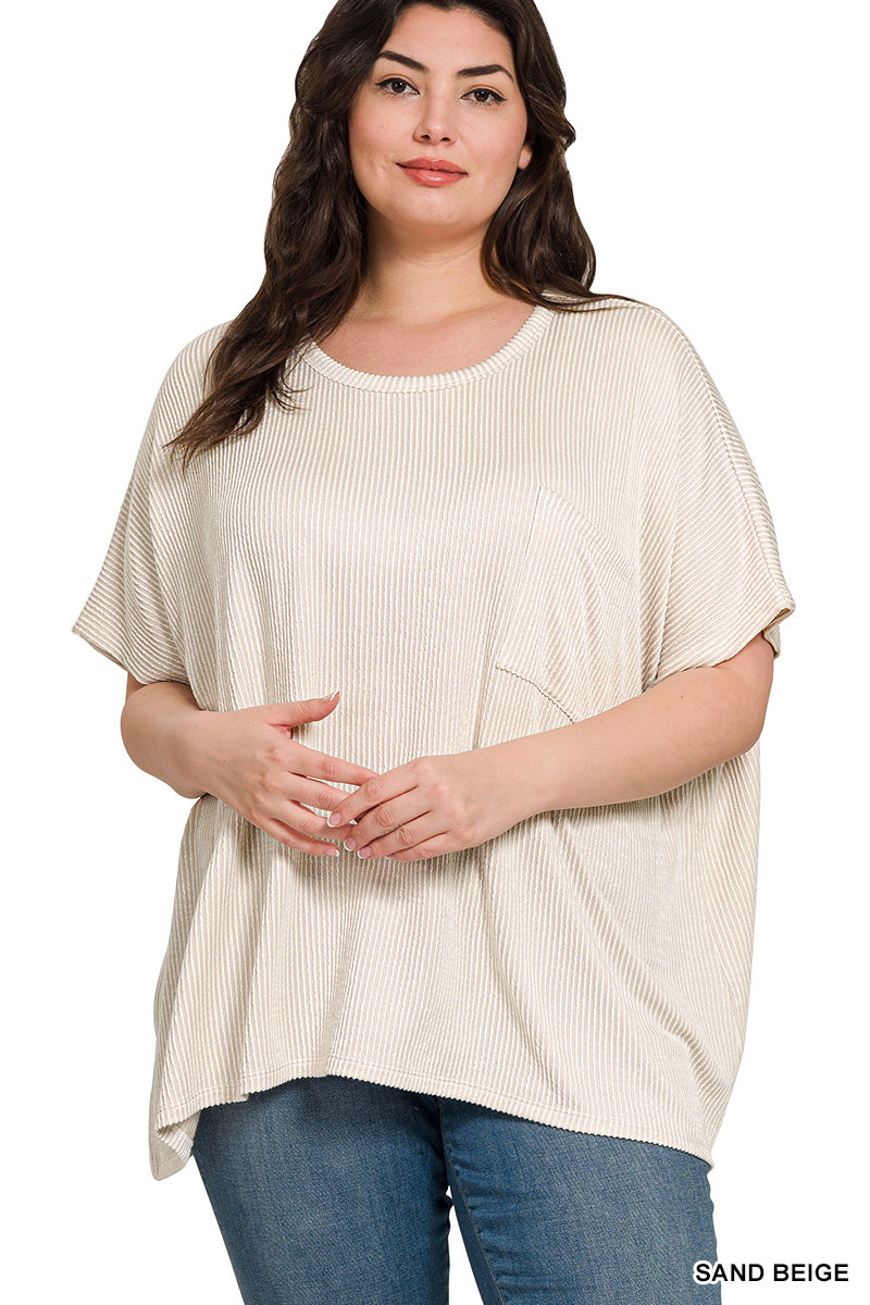 PLUS CORDED RIB OVERSIZED SHORT-SLEEVE TOP