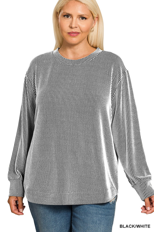 Plus raised rib round neck long sleeve top