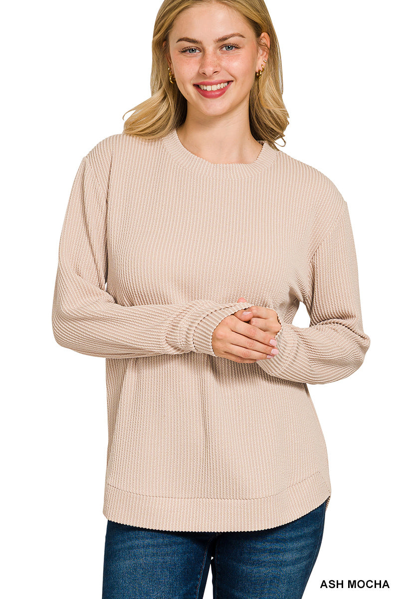 Raised rib round neck long sleeve top