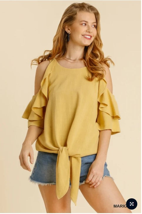 UMGEE Ruffle Open Shoulder Round Neck Top with Waist Tie short sleeve PLUS