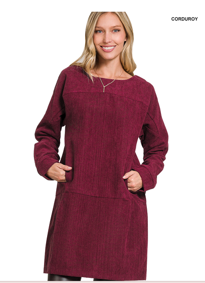 ZENANA CORDUROY RELAXED MINI DRESS