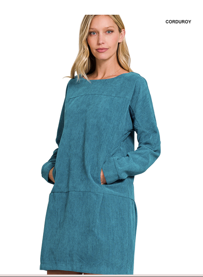 ZENANA CORDUROY RELAXED MINI DRESS