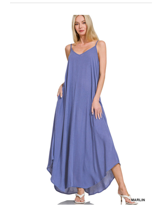 Woven crinkle cami maxi dress w side pockets