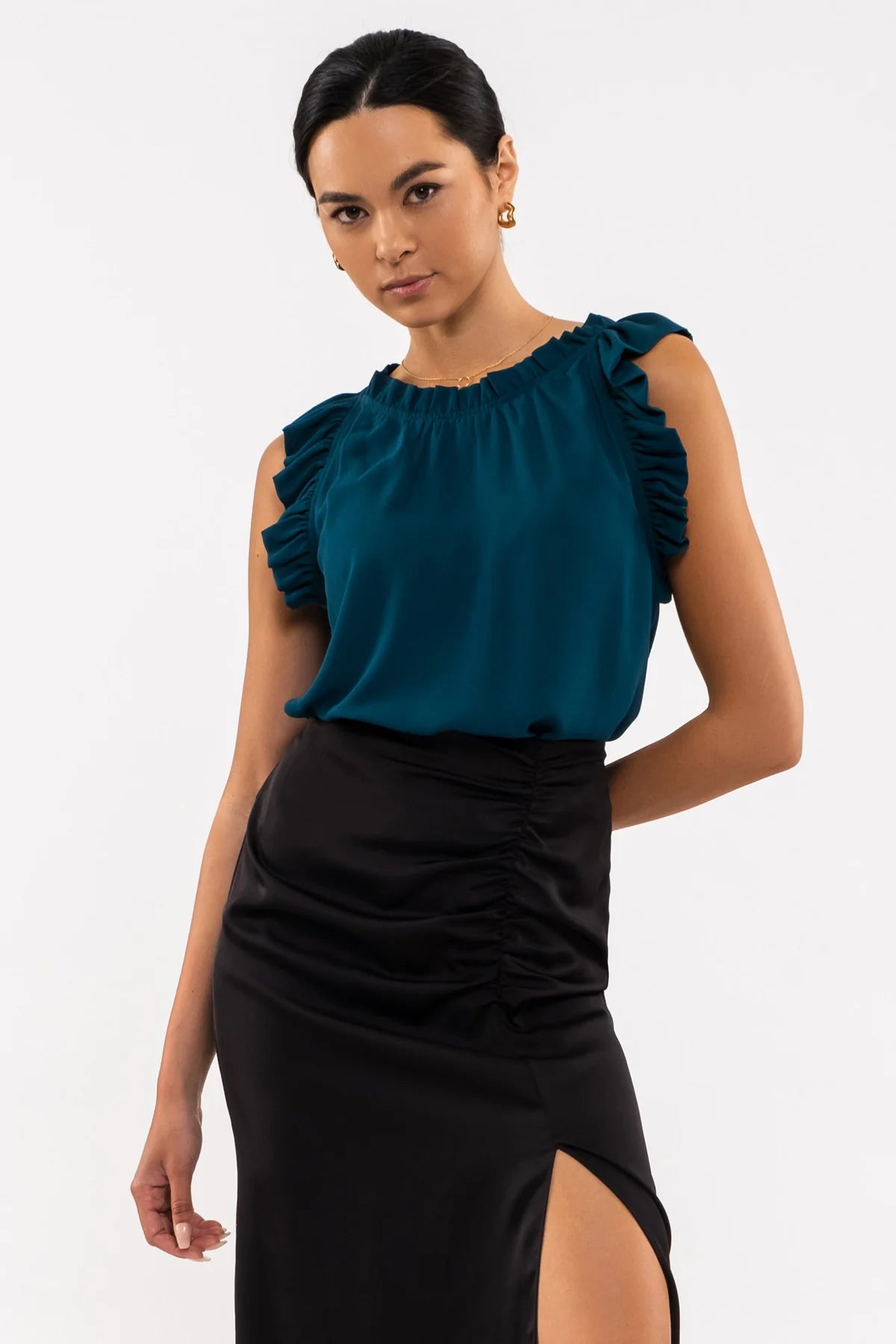 BLU PEPPER FOLDED RUFFLE SLEEVELESS WOVEN TOP