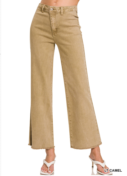 Acid washed frayed cutoff hem straight wide pants