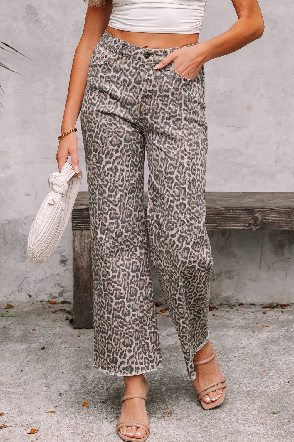 Leopard Frayed Edge Wide Leg High Waist Jeans