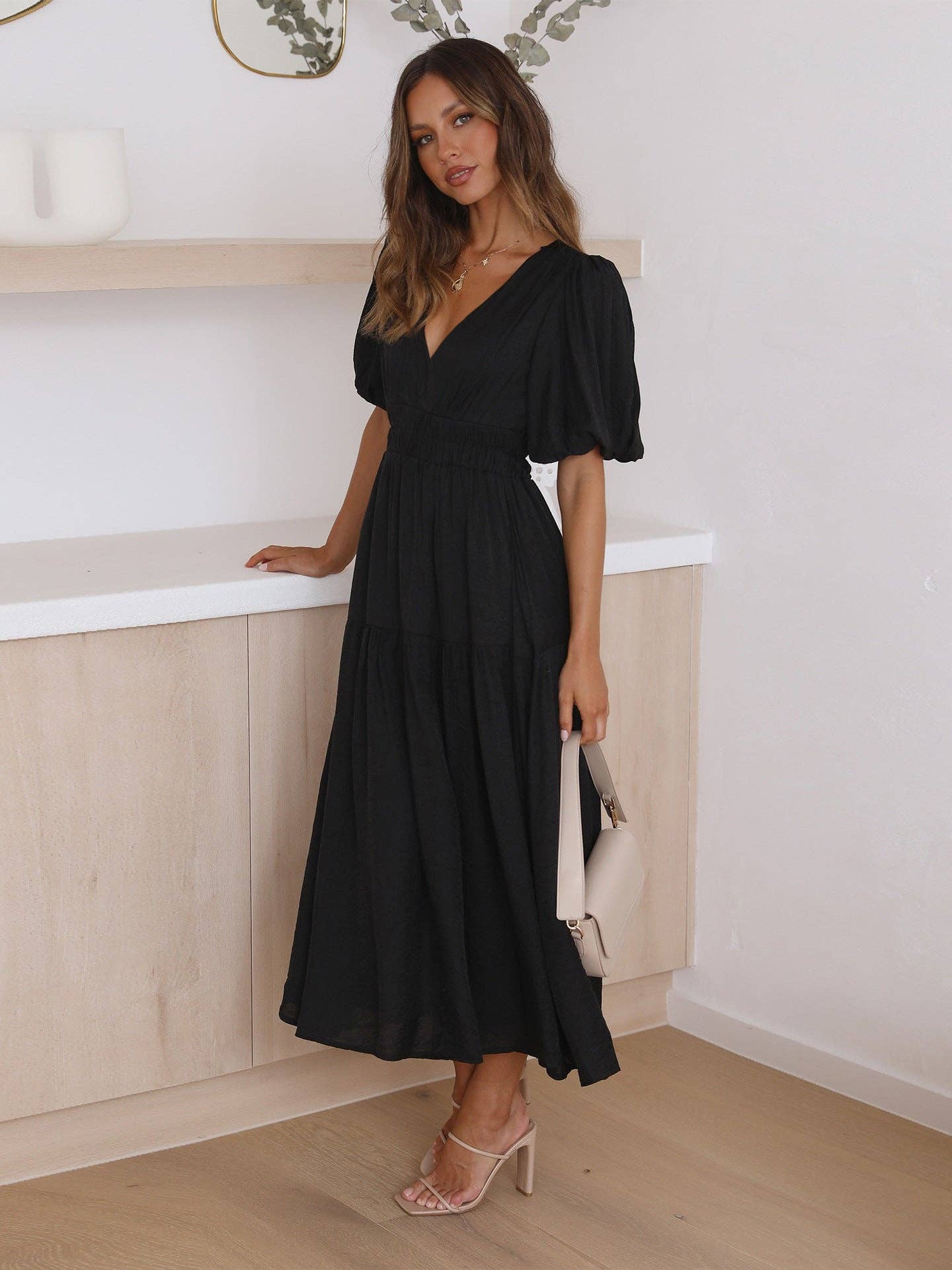 Ladies Bubble Sleeves V-Neck Midi Dress