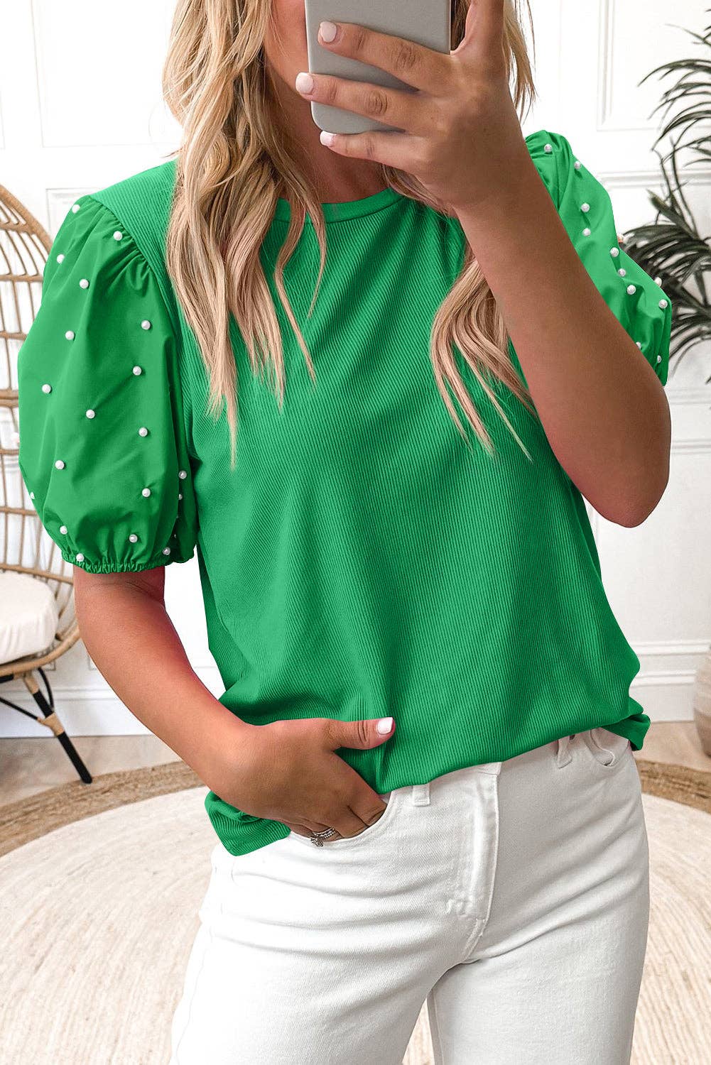 Pearl Beaded Puff Sleeve Top