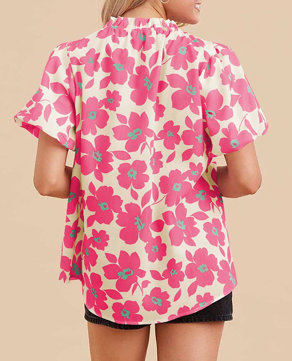Floral Puff Sleeve Frilled Neckline Short Sleeve Top