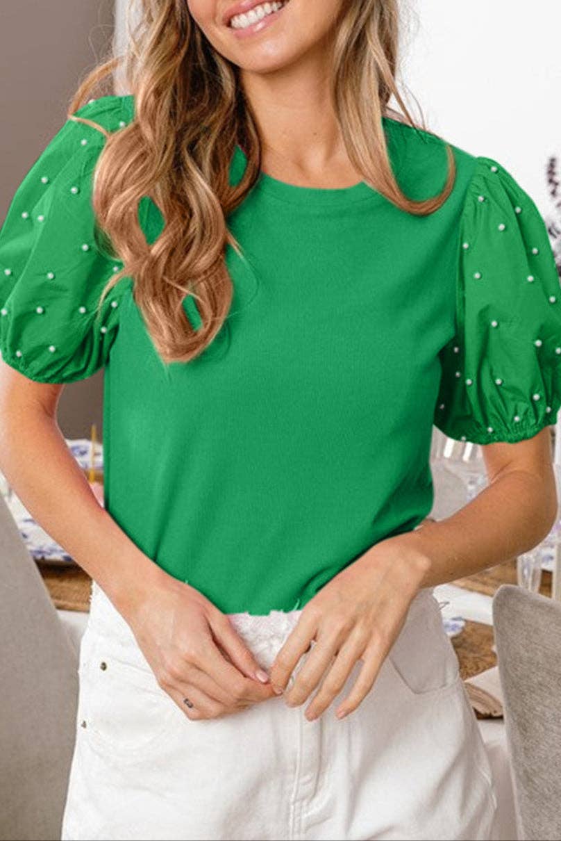 Pearl Beaded Puff Sleeve Top