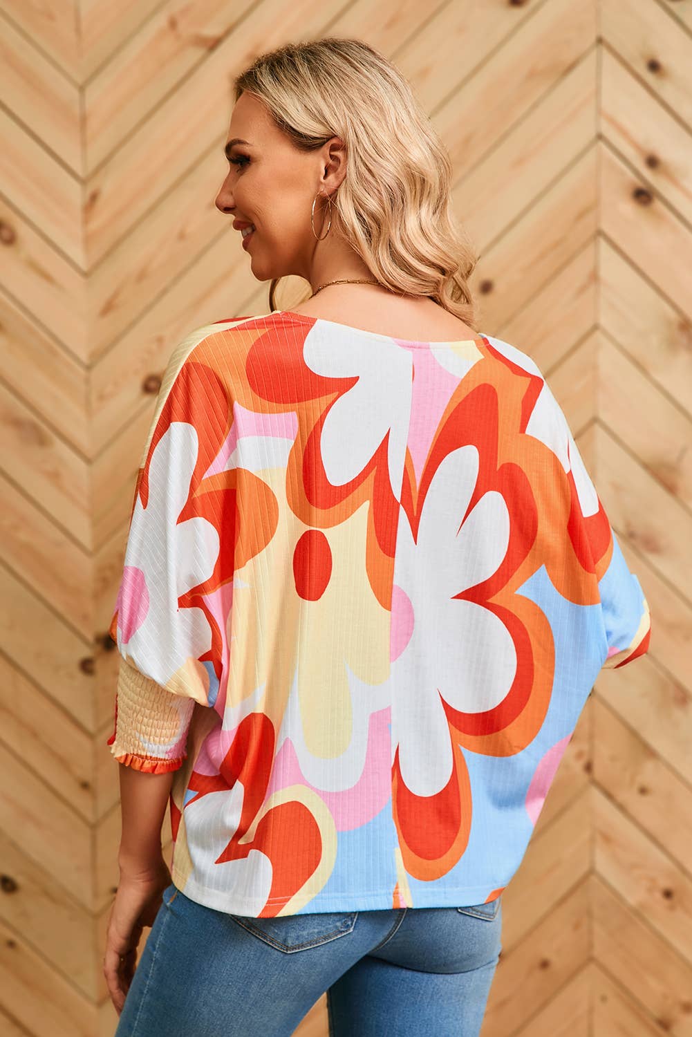 Women Big flower Print 3/4 Sleeve Top