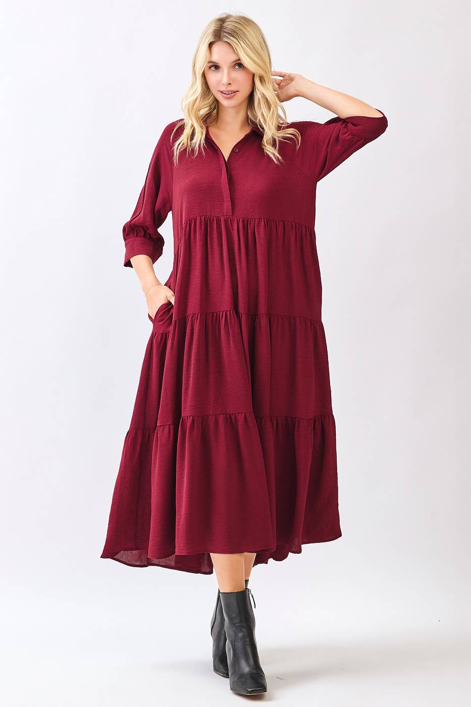 AIRFLOW COLLAR BUTTON FRONT TIERED MAXI DRESS