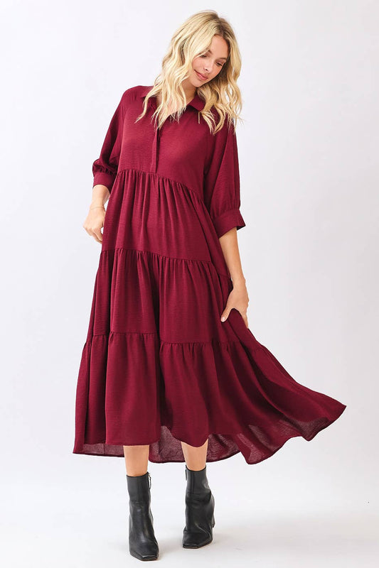 AIRFLOW COLLAR BUTTON FRONT TIERED MAXI DRESS