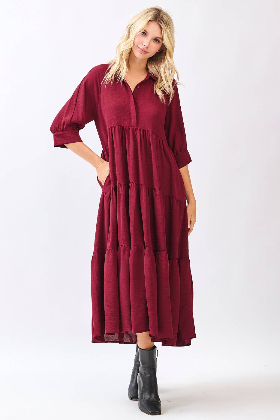 AIRFLOW COLLAR BUTTON FRONT TIERED MAXI DRESS