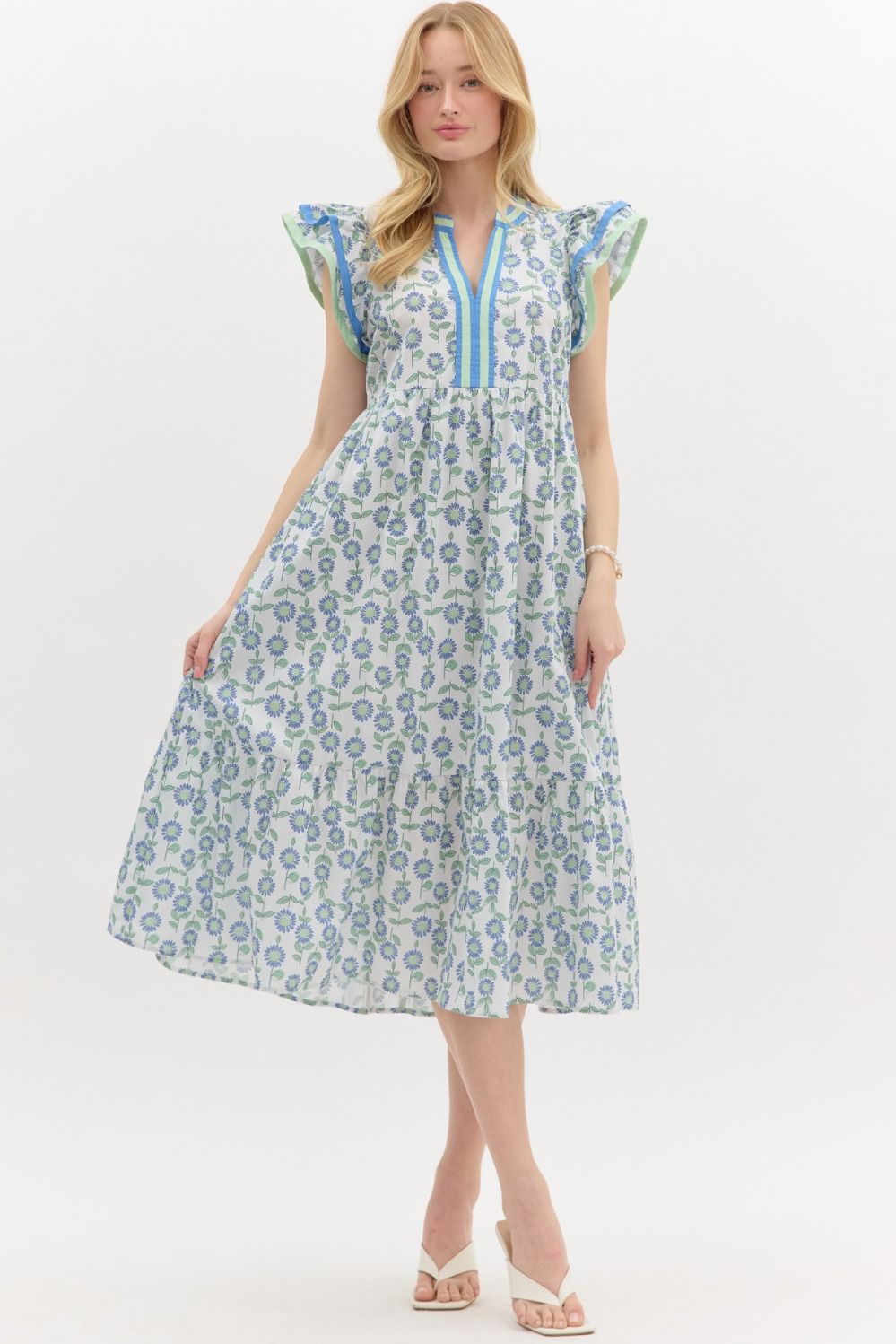 Floral Blue V-neck Dress