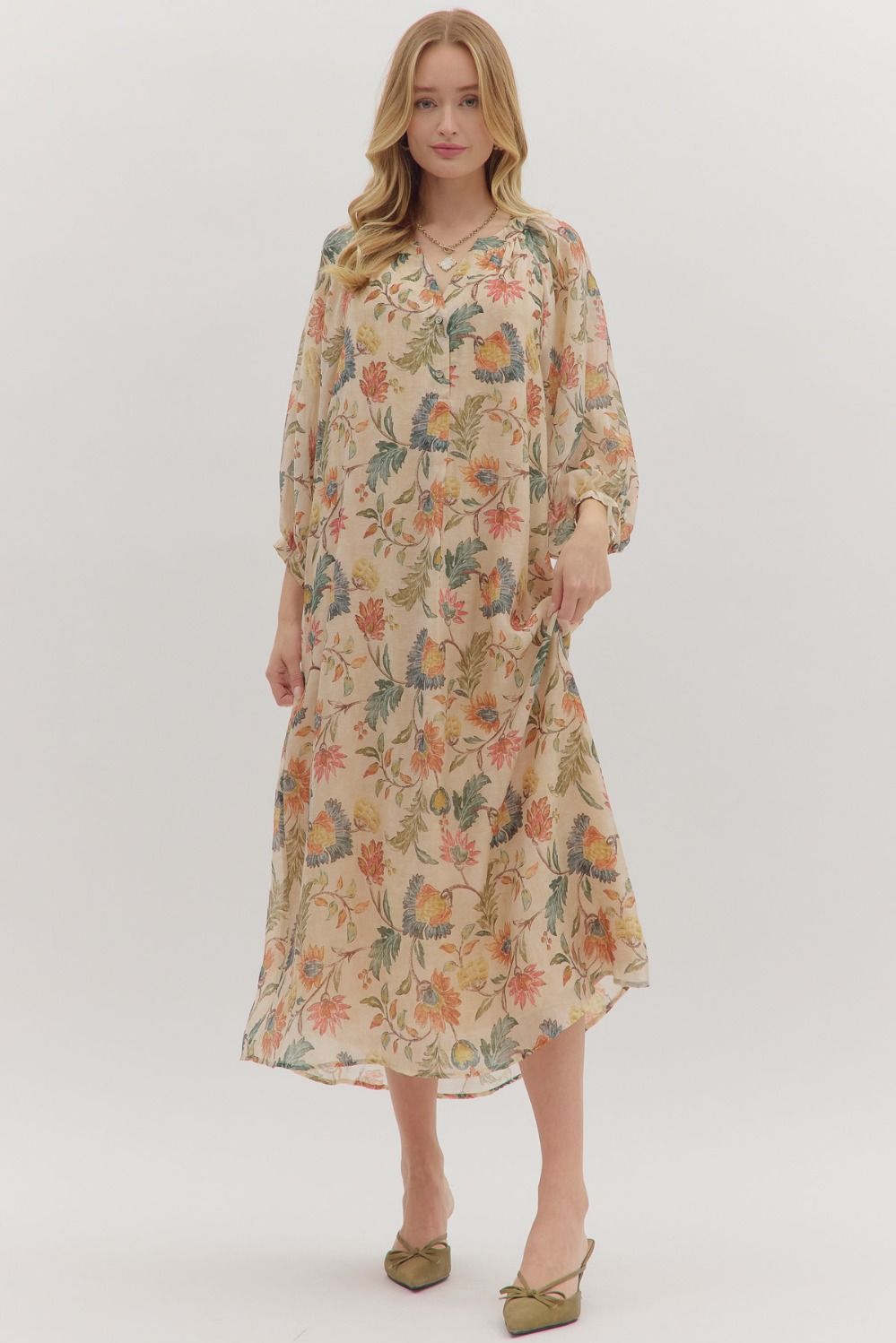 Botanical print long sleeve midi dress
