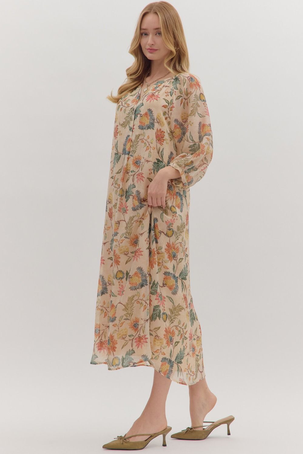 Botanical print long sleeve midi dress