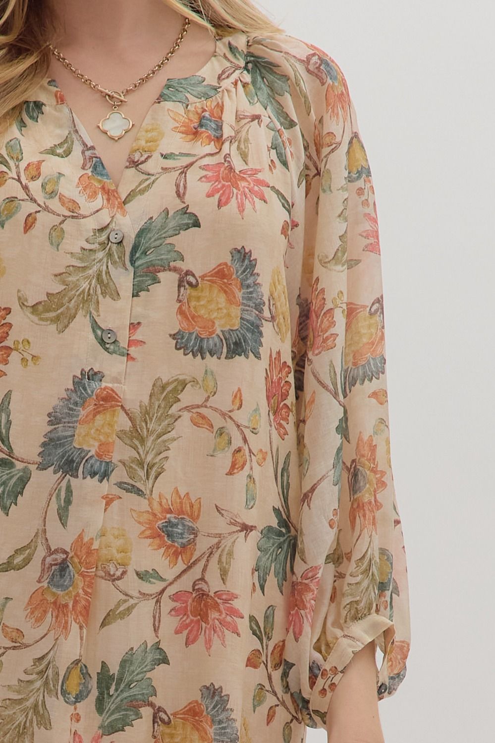 Botanical print long sleeve midi dress