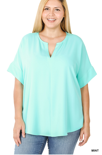 PLUS HEAVY WOVEN SPAN SPLIT NECK SHORT SLEEVE TOP