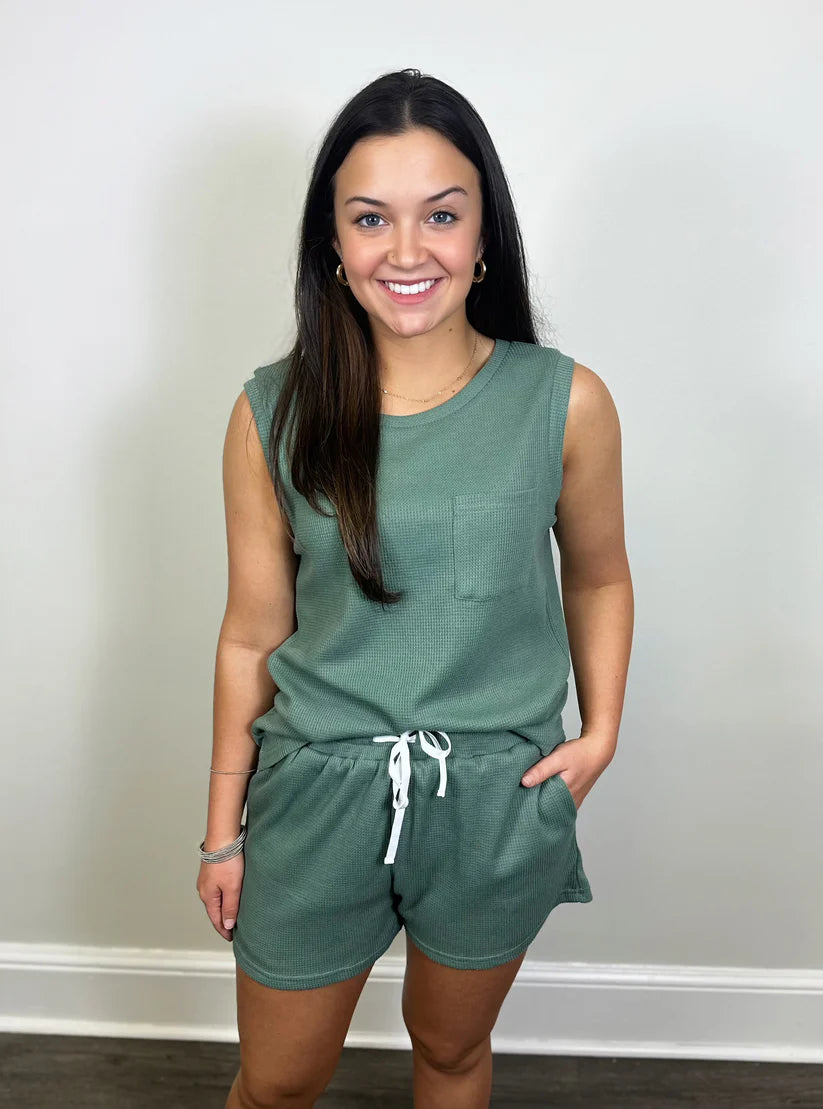 Green Waffle Knit Short Set