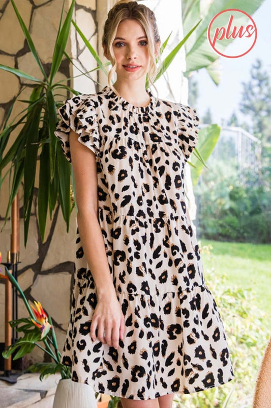 Leopard print dress with a frill mock neckline dress