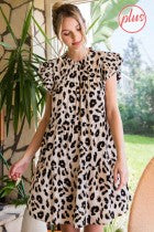 Leopard print dress with a frill mock neckline dress