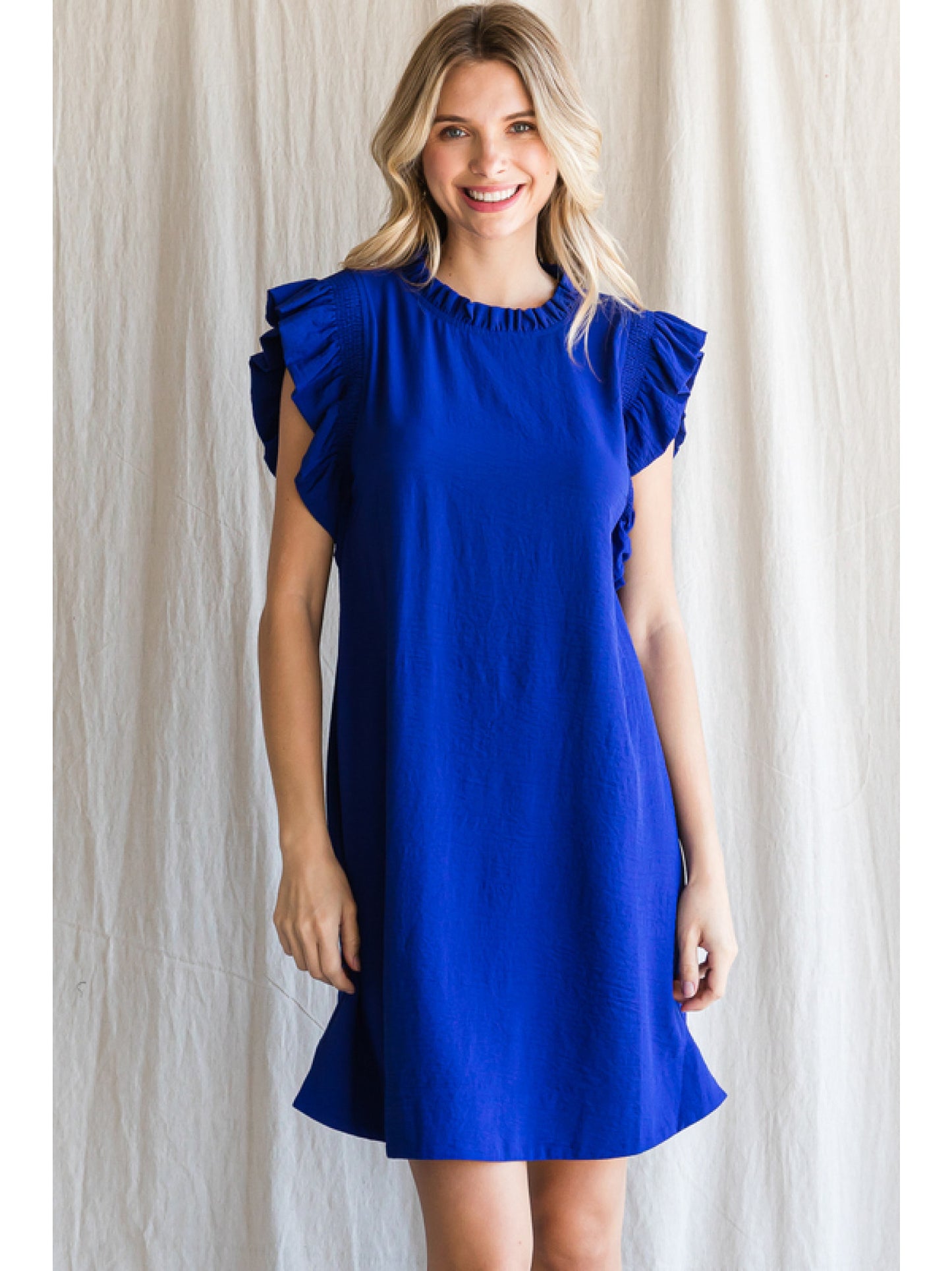 Jodifl Solid dress with a frill mock neckline and smocked ruffle cap s ...